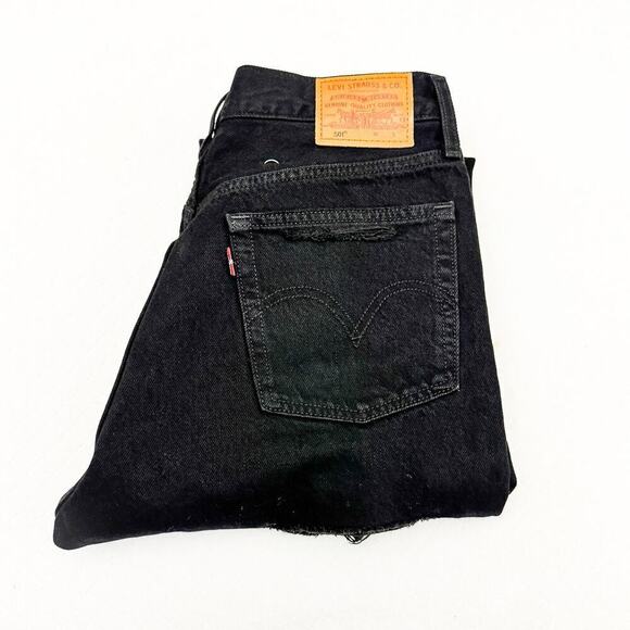 Levi's 501 Ripped Black Denim Jeans Button Fly Raw Hem Size 27 x 26 - Picture 1 of 9